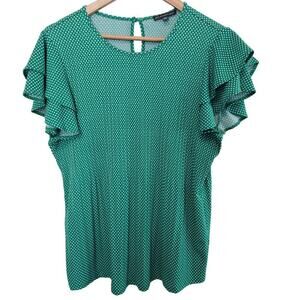 Adrianna Papell Blouse Womens Size Medium Green Polka Dot Ruffle Sleeve Classic